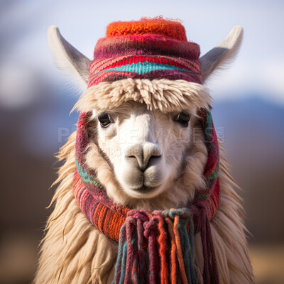 Llama in beanie and scarf on snow forest background. Creative marketing campaign concept