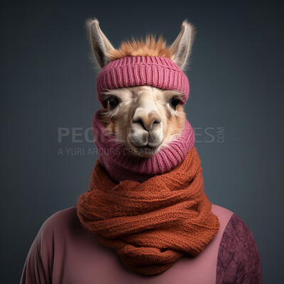 Llama in scarf and headband on dark background. Creative marketing campaign concept