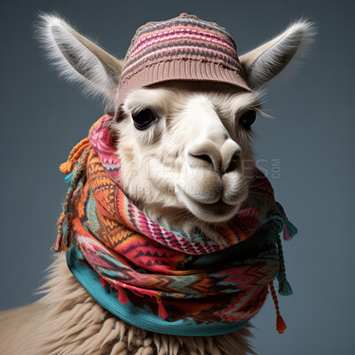 Llama in beanie and scarf on dark background. Creative marketing campaign concept