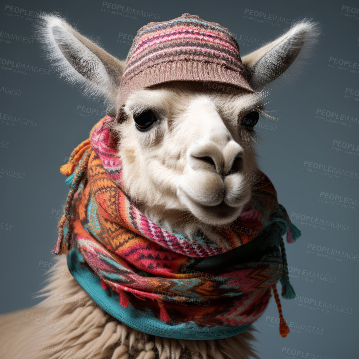 Buy stock photo Llama in beanie and scarf on dark background. Creative marketing campaign concept