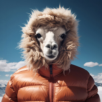 Llama in jacket and on blue sky background. Creative marketing campaign concept