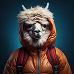 Llama in jacket and backpack and on dark background. Creative marketing campaign concept