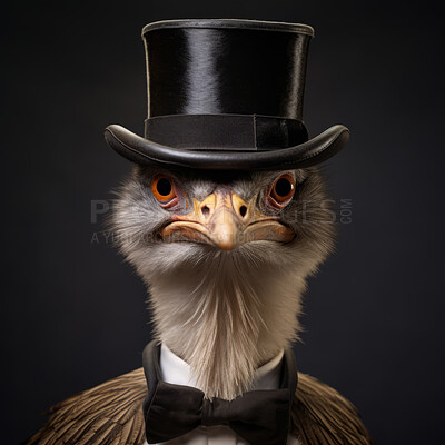 Ostrich in top hat and bow tie on dark background. Creative marketing campaign concept