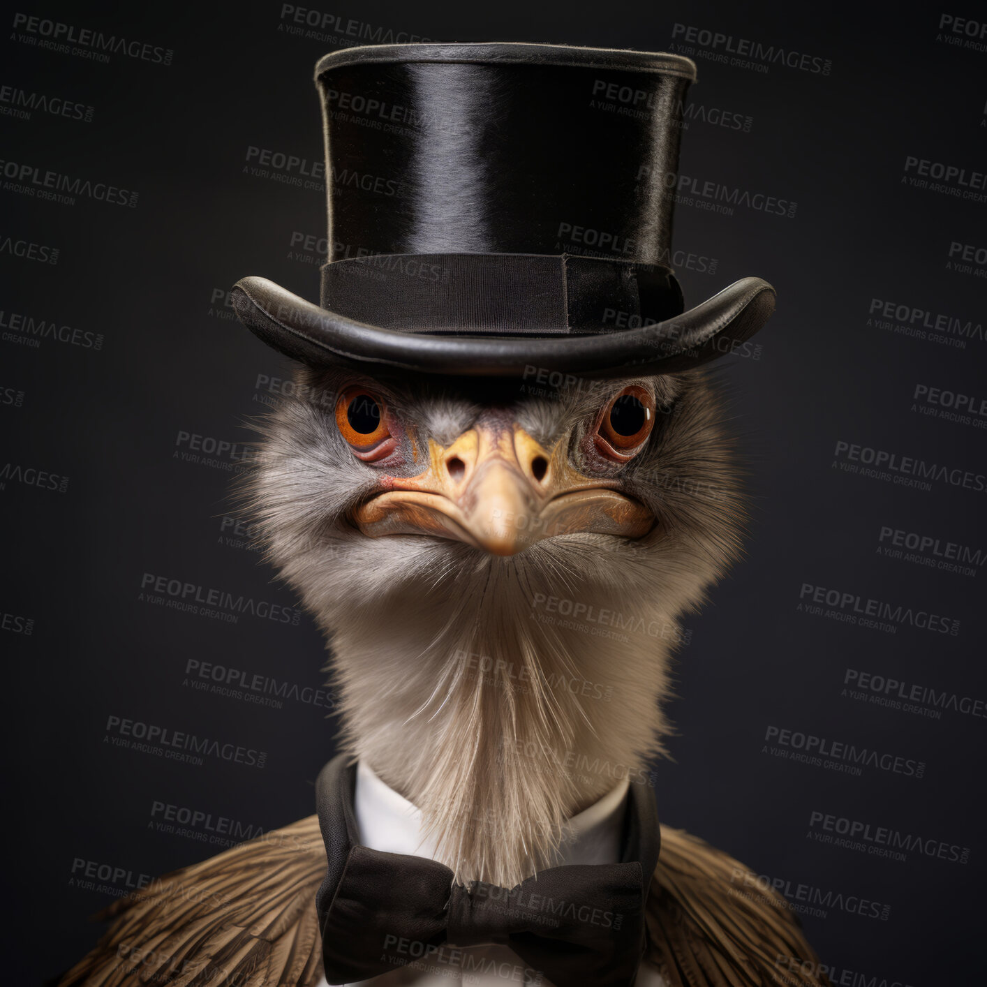 Buy stock photo Ostrich in top hat and bow tie on dark background. Creative marketing campaign concept