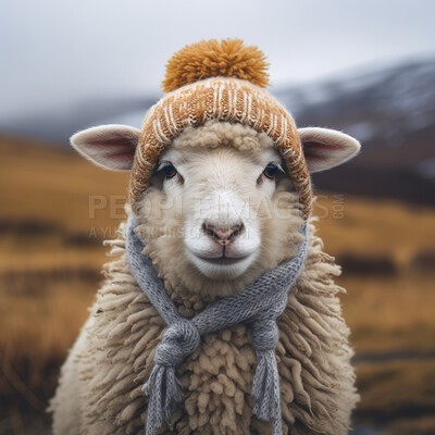 Sheep in scarf and beanie on field background. Creative marketing campaign concept