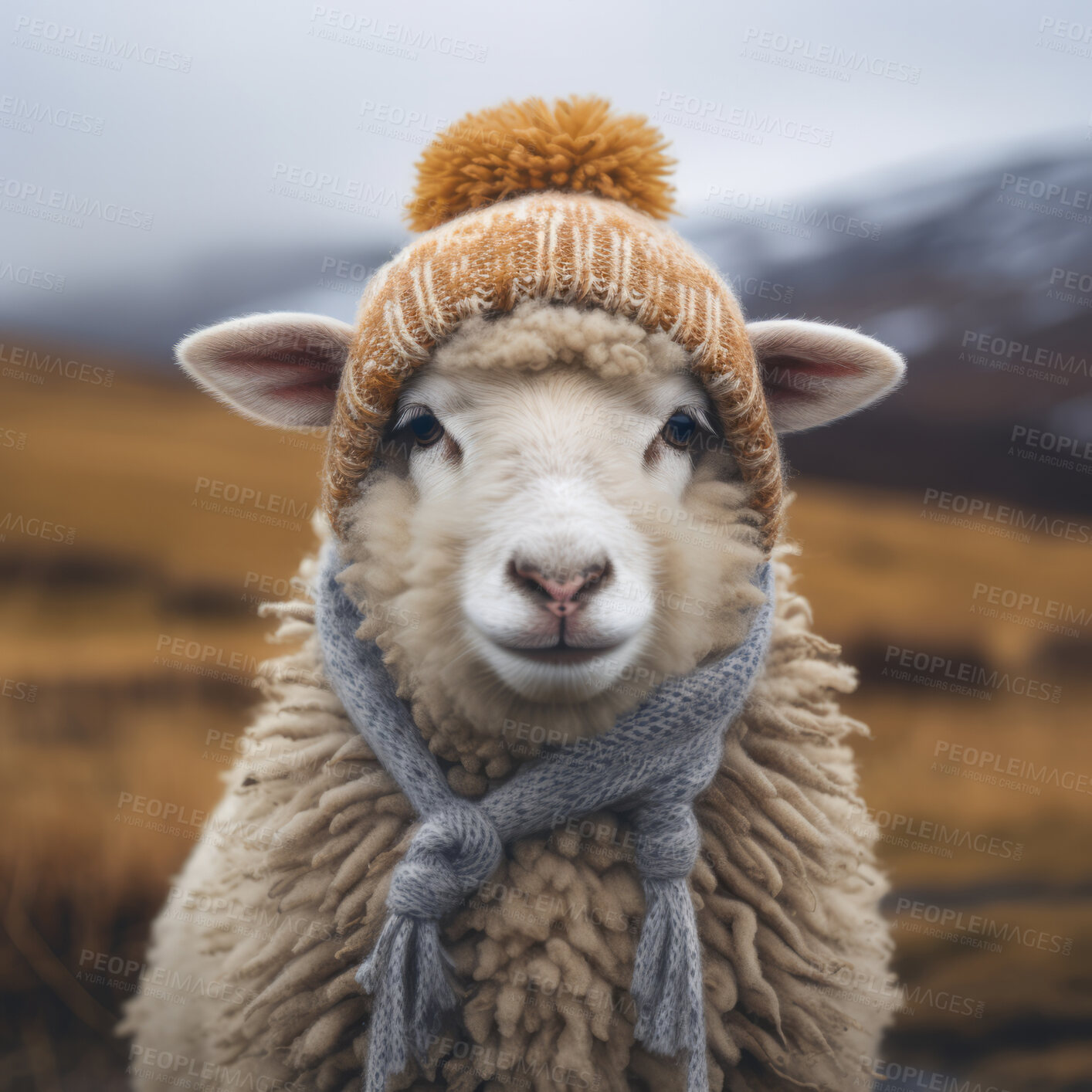 Buy stock photo Sheep in scarf and beanie on field background. Creative marketing campaign concept