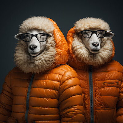 Sheep in jacket and glasses on dark background. Creative marketing campaign concept