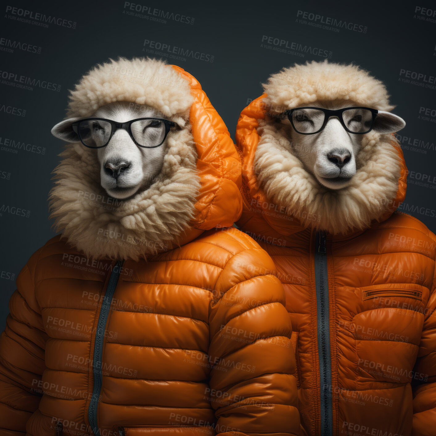 Buy stock photo Sheep in jacket and glasses on dark background. Creative marketing campaign concept