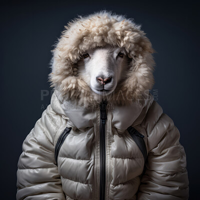 Sheep in jacket on dark background. Creative marketing campaign concept