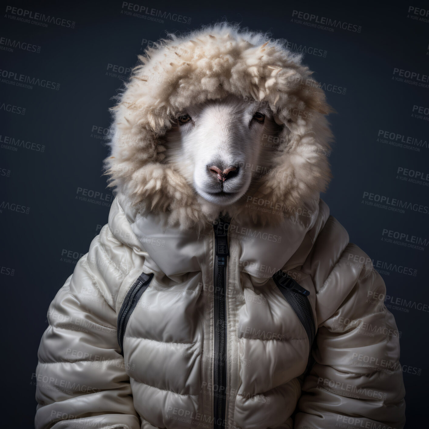 Buy stock photo Sheep in jacket on dark background. Creative marketing campaign concept