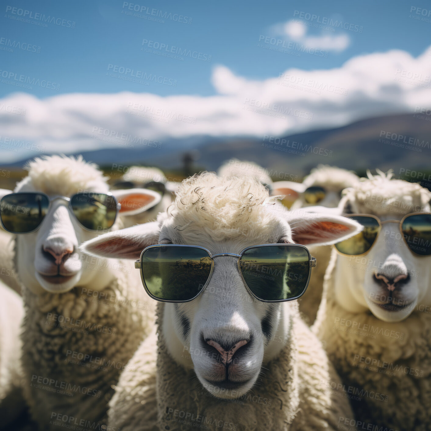 Buy stock photo Sheep wearing sunglasses. Creative marketing campaign concept