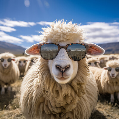Sheep wearing sunglasses. Creative marketing campaign concept