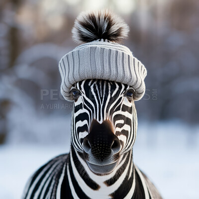 Zebra in beanie on snow forest background. Creative marketing campaign concept