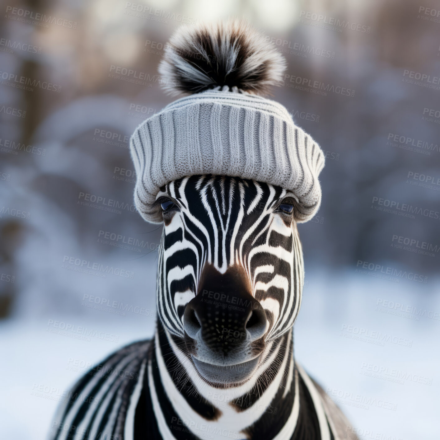 Buy stock photo Zebra in beanie on snow forest background. Creative marketing campaign concept