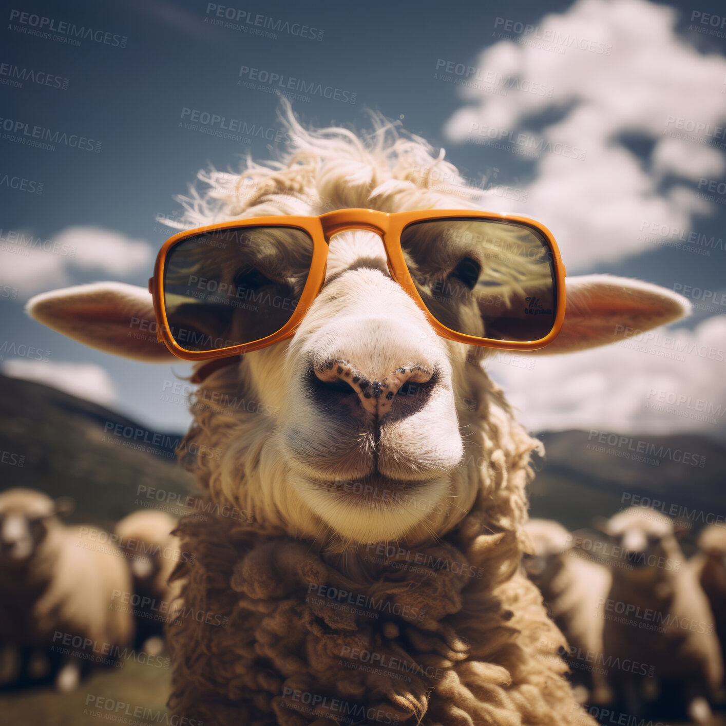 Buy stock photo Sheep wearing sunglasses. Creative marketing campaign concept