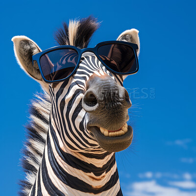 Zebra in sunglasses on blue sky background. Creative marketing campaign concept