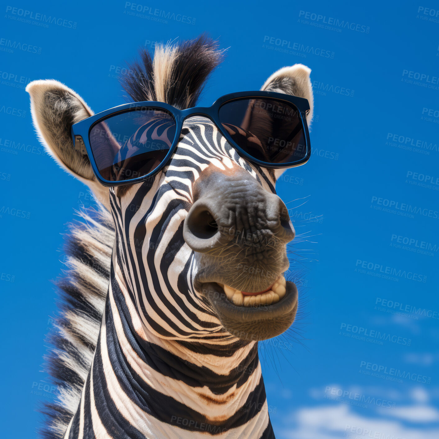 Buy stock photo Zebra in sunglasses on blue sky background. Creative marketing campaign concept