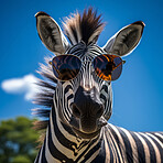 Zebra in sunglasses on blue sky background. Creative marketing campaign concept