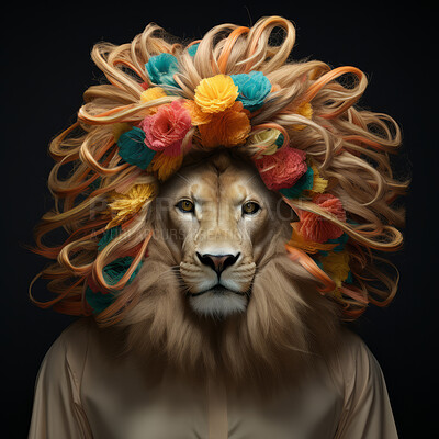 Lion with flowers in hair on dark background. Creative marketing campaign concept