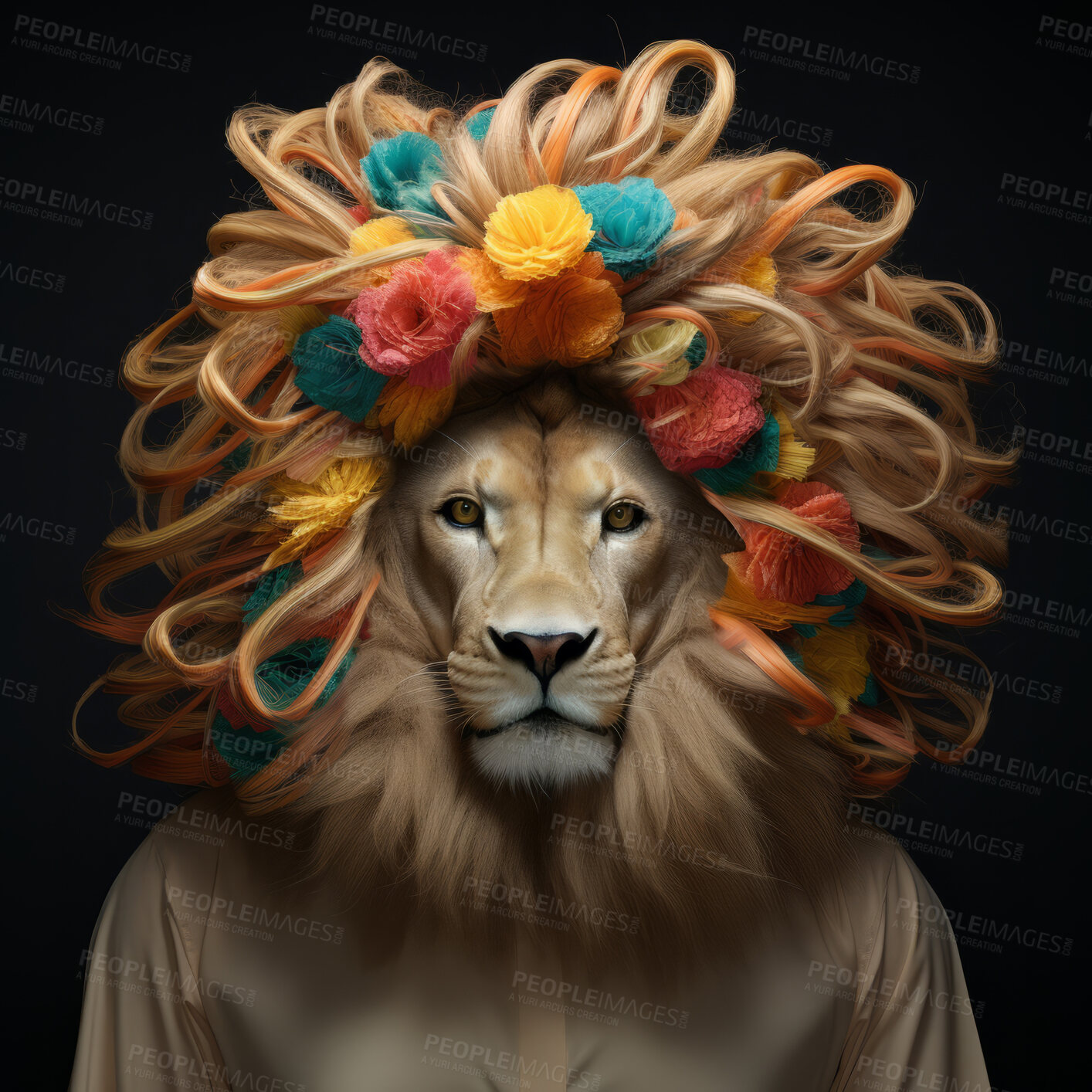 Buy stock photo Lion with flowers in hair on dark background. Creative marketing campaign concept