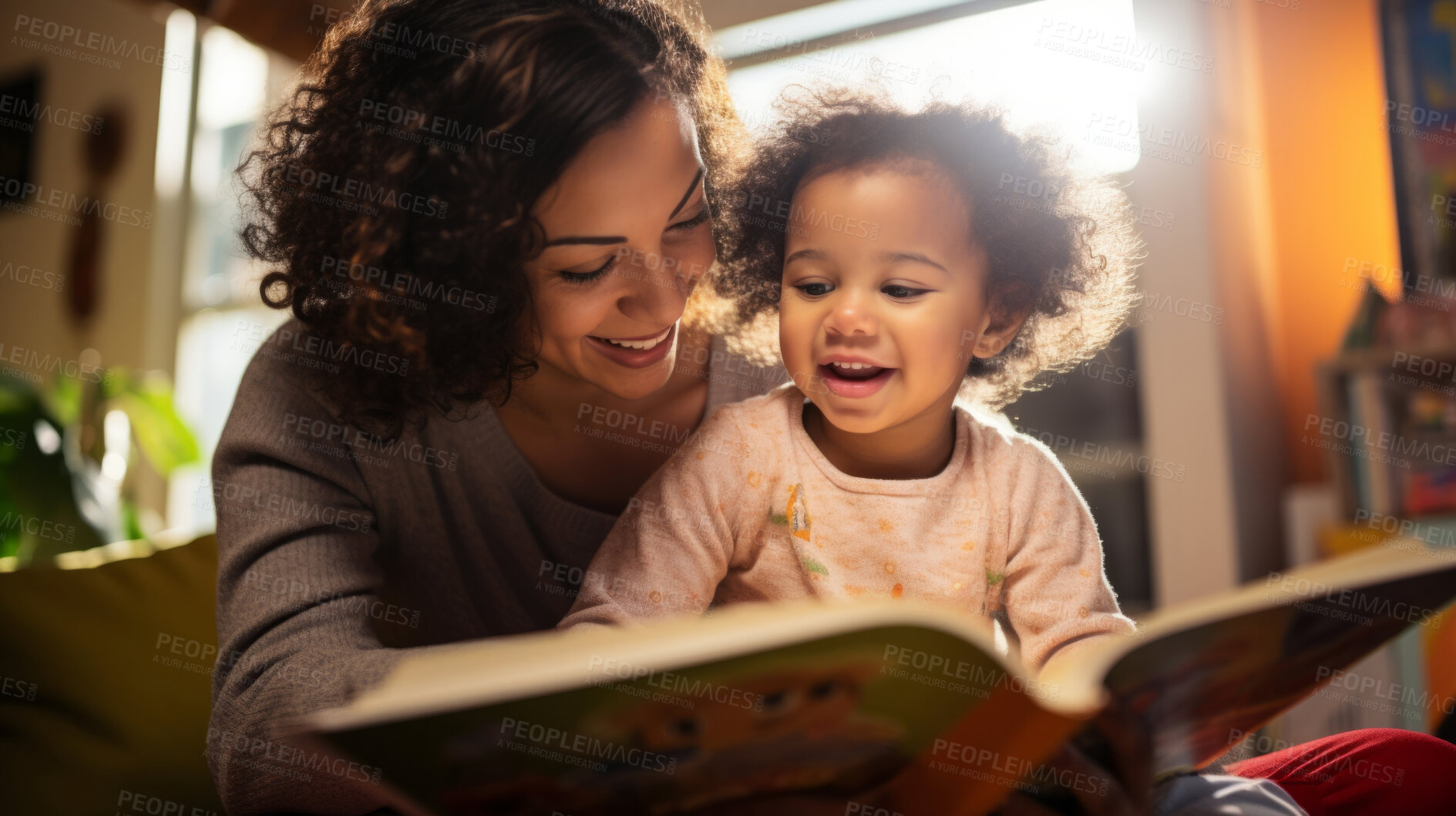 Buy stock photo Young mother reading a book to her daughter. Parent bonding and learning with toddler