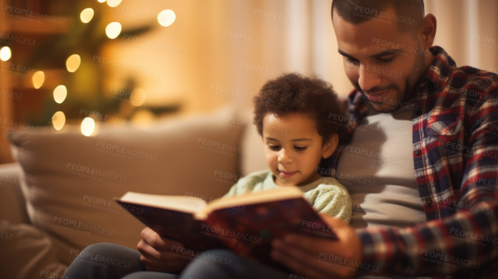 Buy stock photo Young father reading a book to his son. Parent bonding and learning with toddler