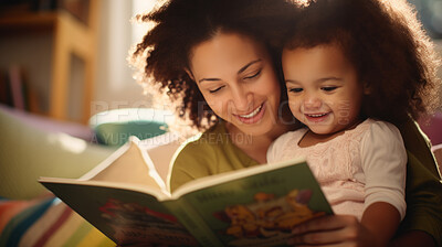 Young mother reading a book to her daughter. Parent bonding and learning with toddler