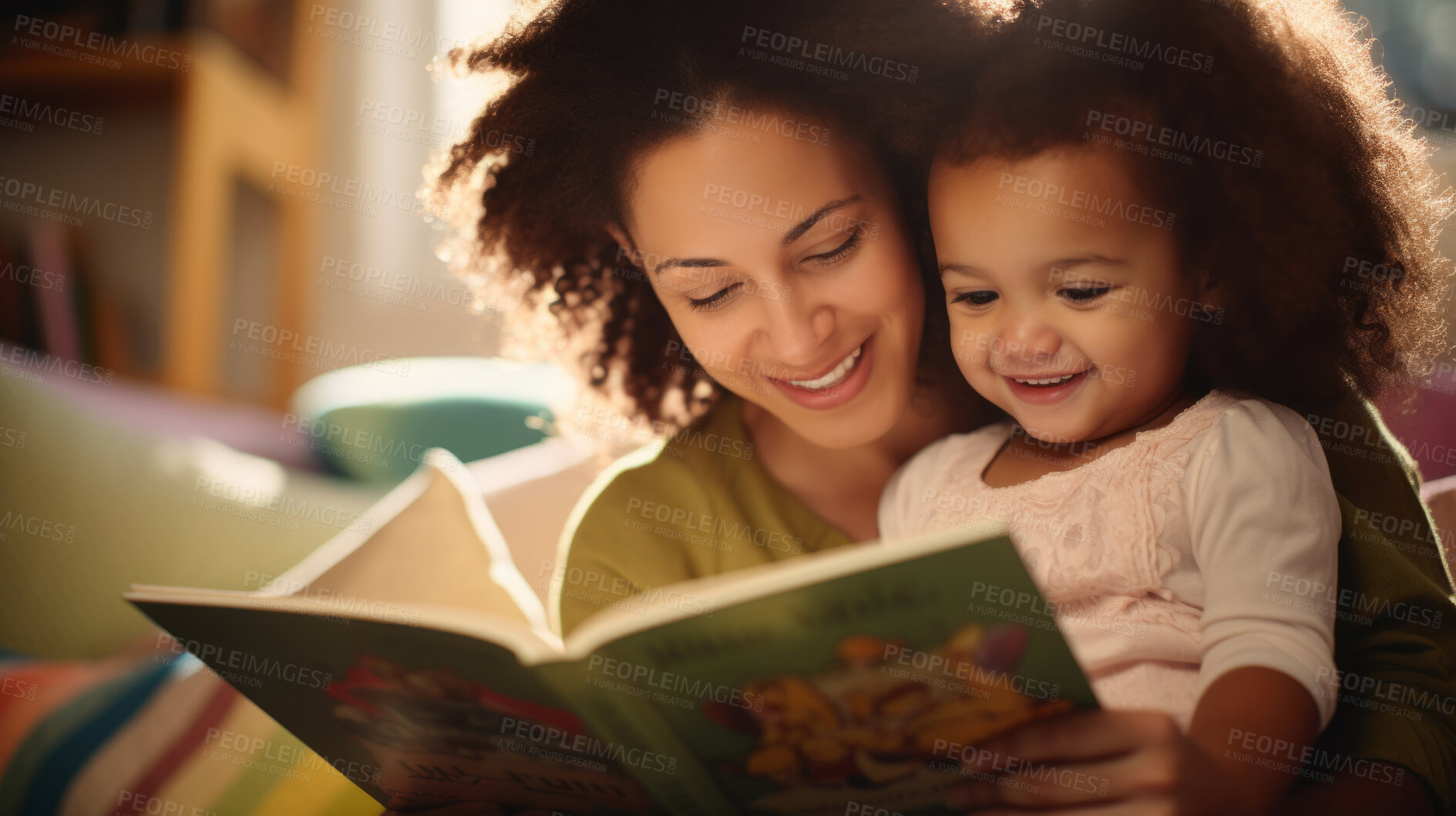 Buy stock photo Young mother reading a book to her daughter. Parent bonding and learning with toddler