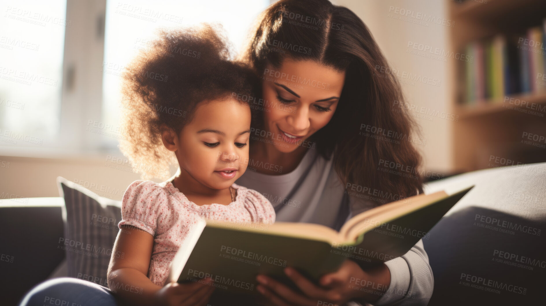 Buy stock photo Young mother reading a book to her daughter. Parent bonding and learning with toddler