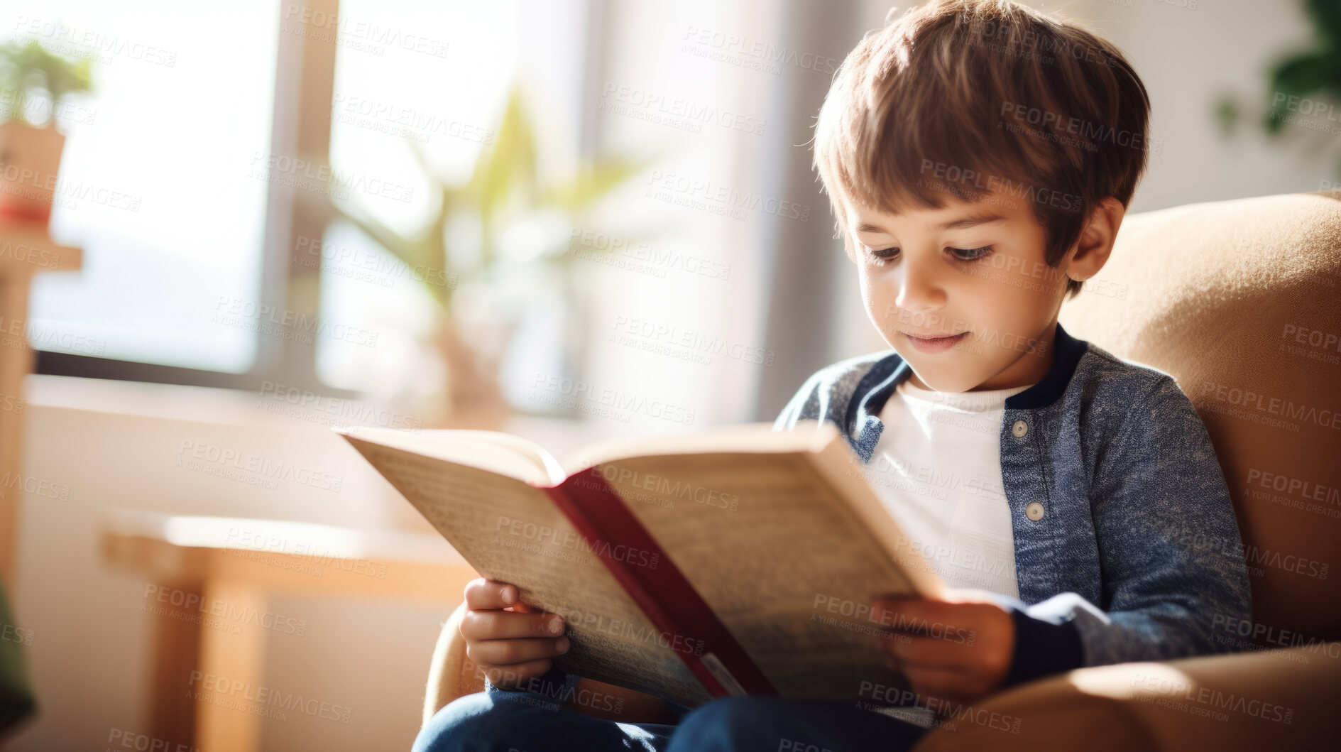 Buy stock photo Toddler boy reading a book. Education and learning literacy. Kid reading a story