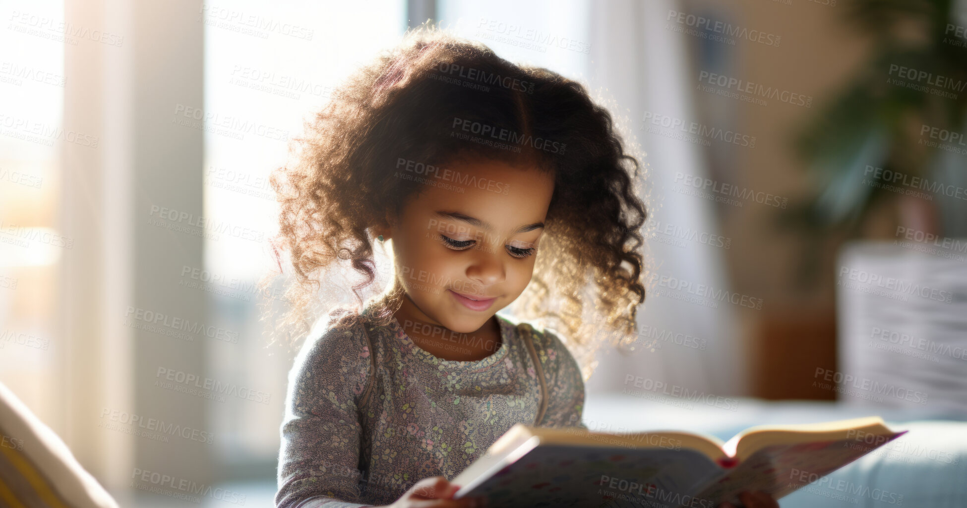 Buy stock photo Toddler girl reading a book. Education and learning literacy. Kid reading a story