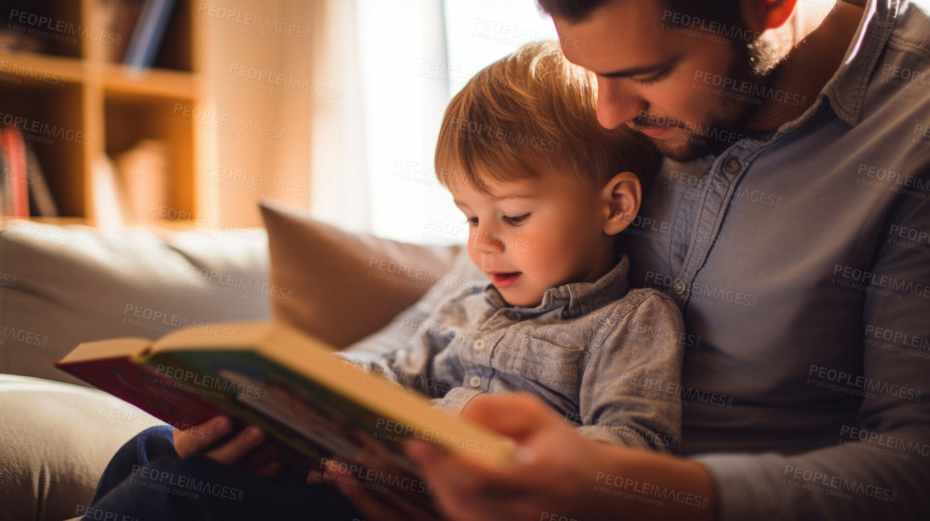 Buy stock photo Young mother reading a book to her daughter. Parent bonding and learning with toddler