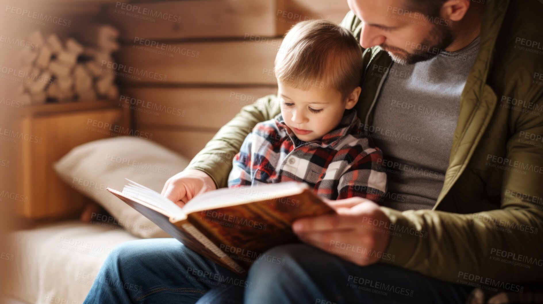 Buy stock photo Young father reading a book to his son. Parent bonding and learning with toddler