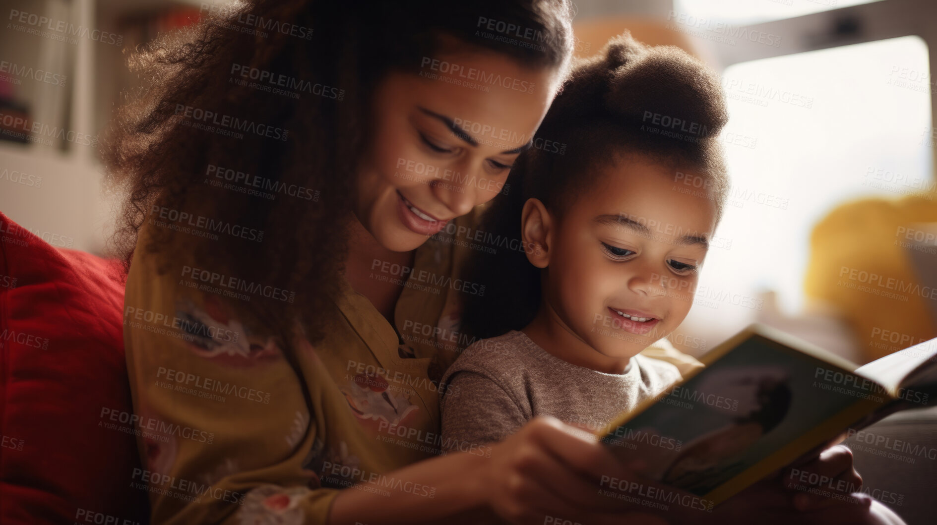 Buy stock photo Young mother reading a book to her daughter. Parent bonding and learning with toddler