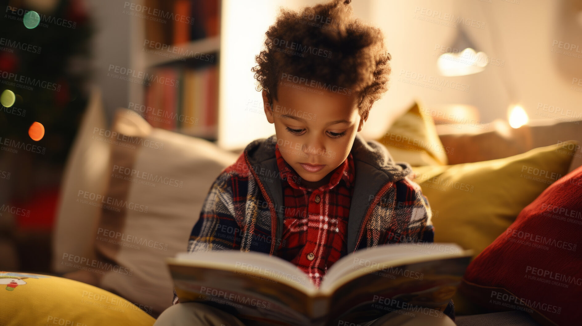 Buy stock photo Toddler boy reading a book. Education and learning literacy. Kid reading a story