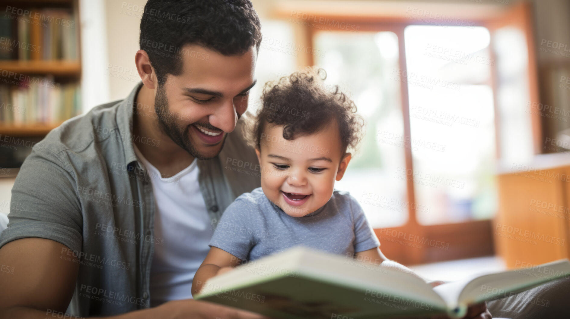 Buy stock photo Young father reading a book to his son. Parent bonding and learning with toddler