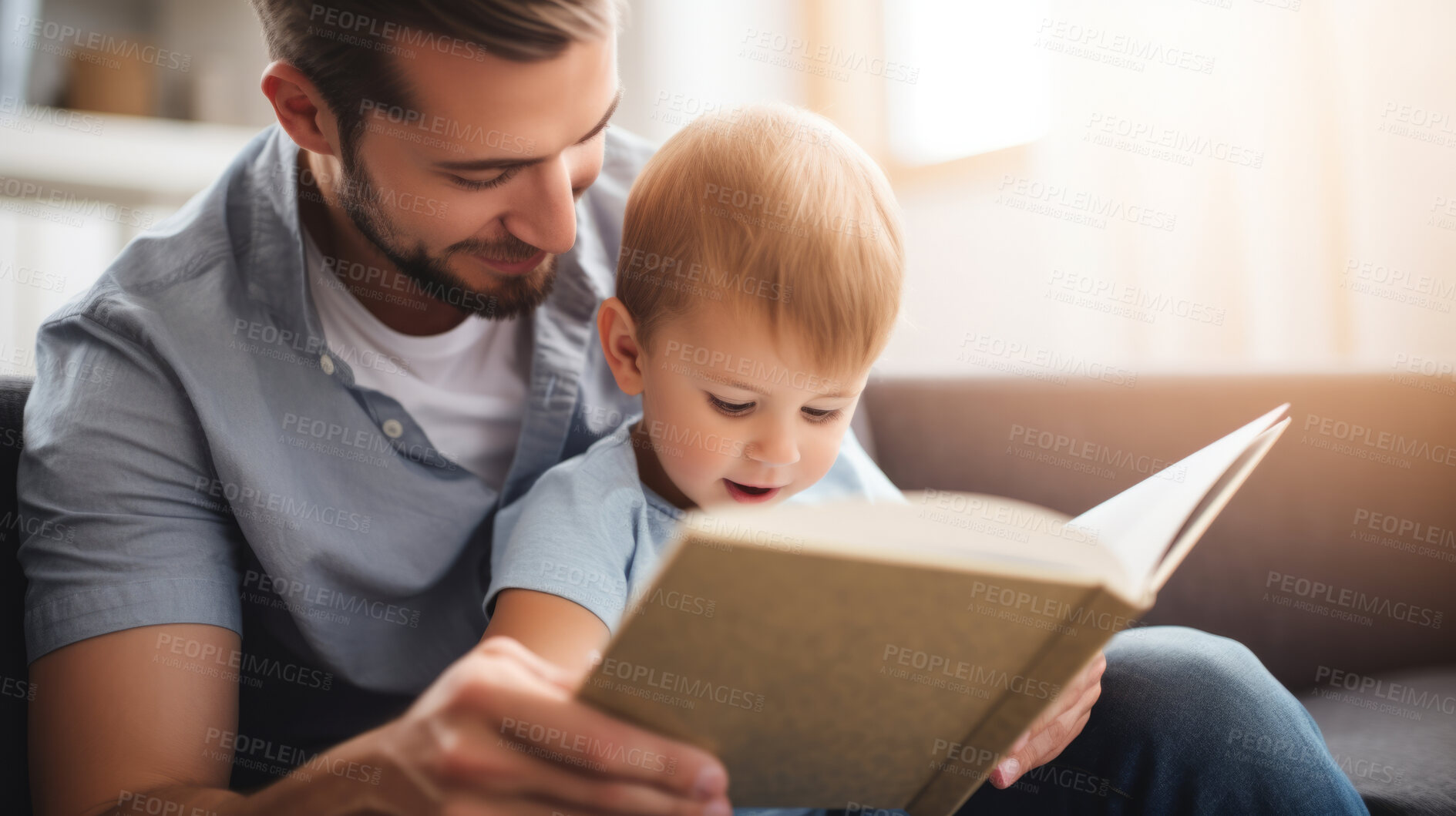 Buy stock photo Young father reading a book to his son. Parent bonding and learning with toddler