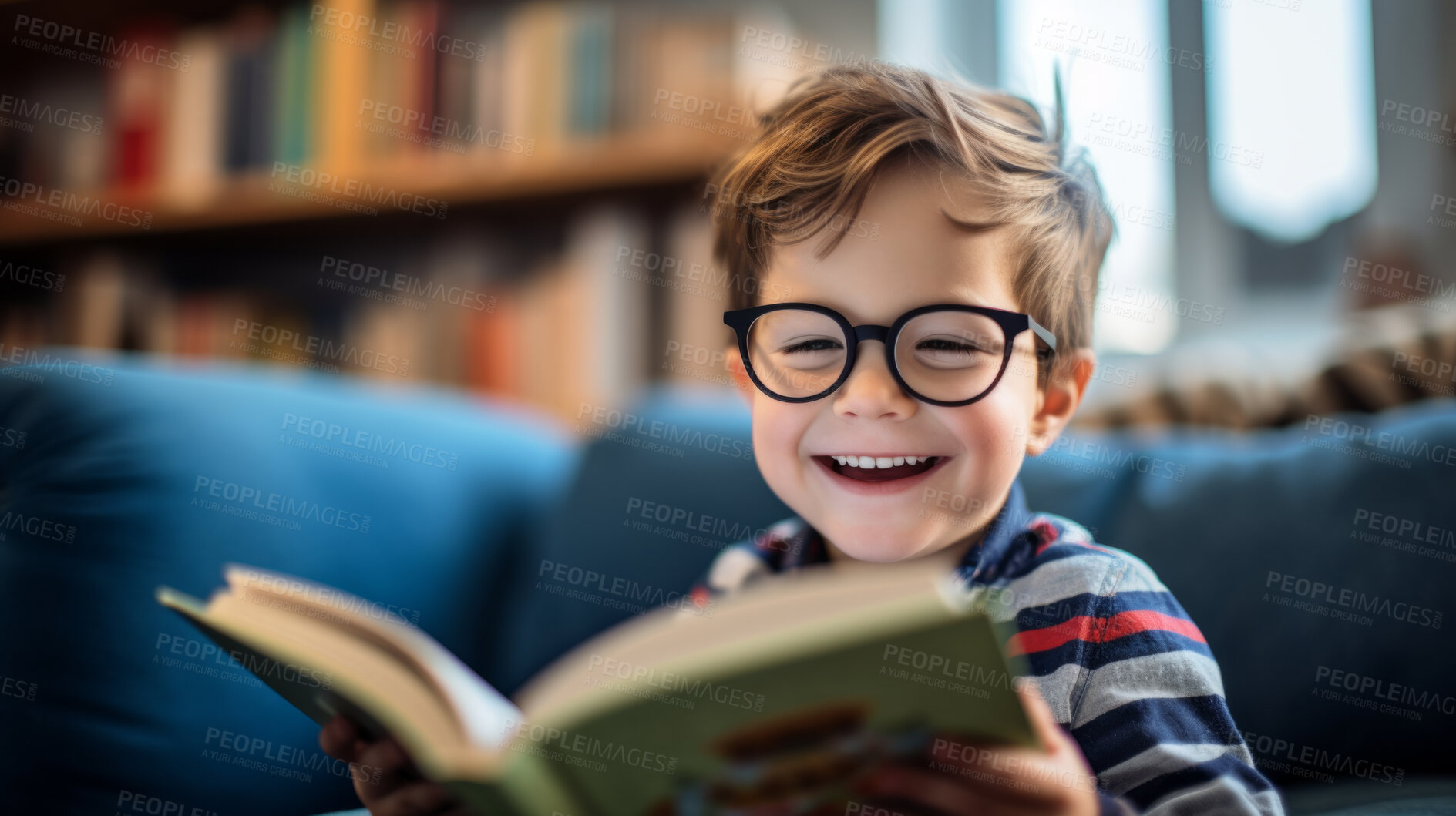 Buy stock photo Toddler boy reading a book. Education and learning literacy. Kid reading a story