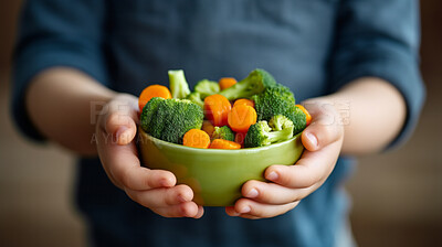 Buy stock photo Toddler holding fresh vegetable bowl. Healthy food. Vitamins and healthy.