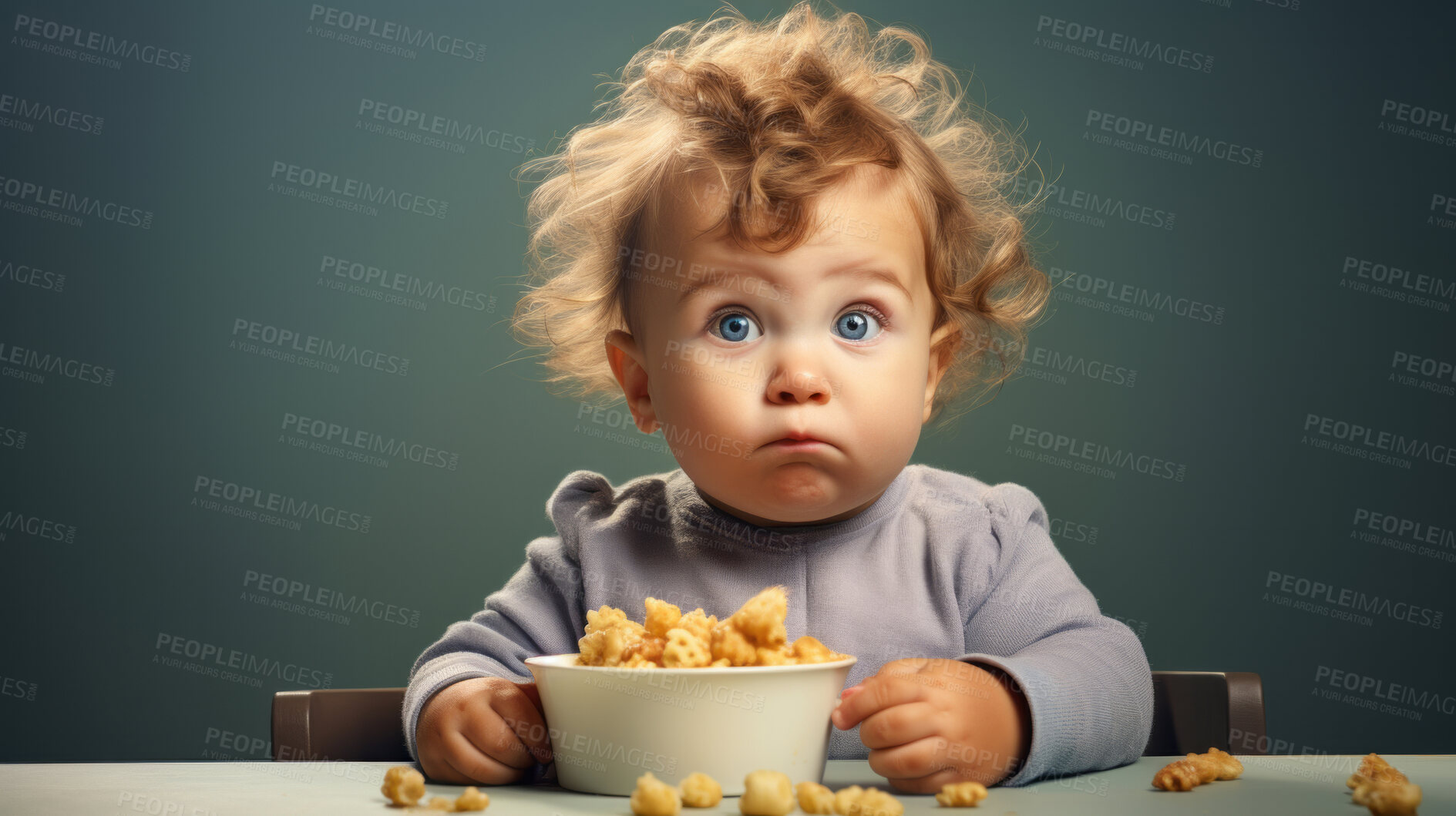 Buy stock photo Toddler eating a bowl of cereal or snack. Messy funny boy eating and looking shocked