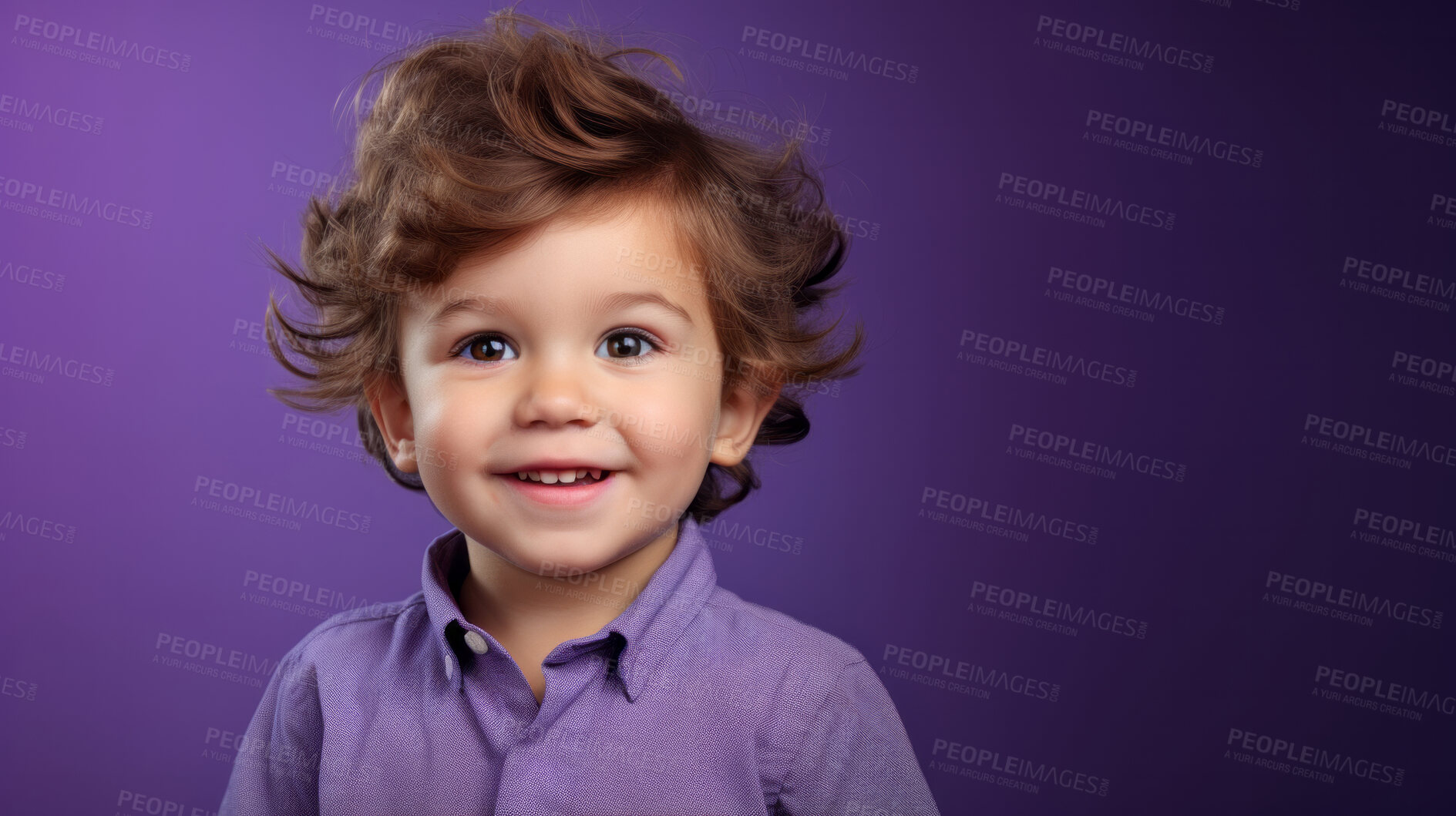 Buy stock photo Portrait of a toddler posing against a purple background. happy smiling boy