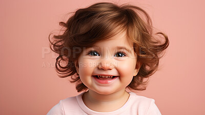 Buy stock photo Portrait of a toddler posing against a pink background. happy smiling girl