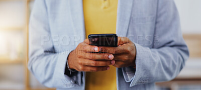 Buy stock photo Business, man and hands typing on smartphone in office, online user and contact technology. Closeup of employee texting on cellphone for networking, mobile app notification or social media connection