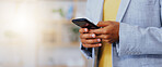 Business, man and hands typing on smartphone in office, online user and contact technology. Closeup of employee texting on cellphone for networking, mobile app notification or social media connection