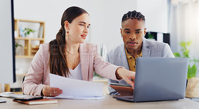 Laptop, diversity and business people collaboration, communication or teamwork on work flow analysis. Notebook planner, discussion talk and black man, woman or team cooperation on research statistics