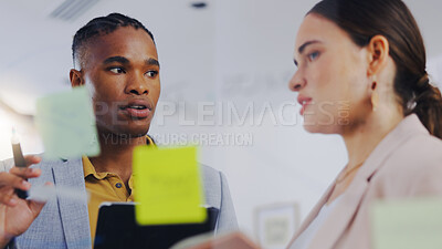 Board, explain or diversity people collaboration, communication and teamwork on sales strategy. Sticky note, brainstorming team or business partner cooperation on research info, project ideas or plan