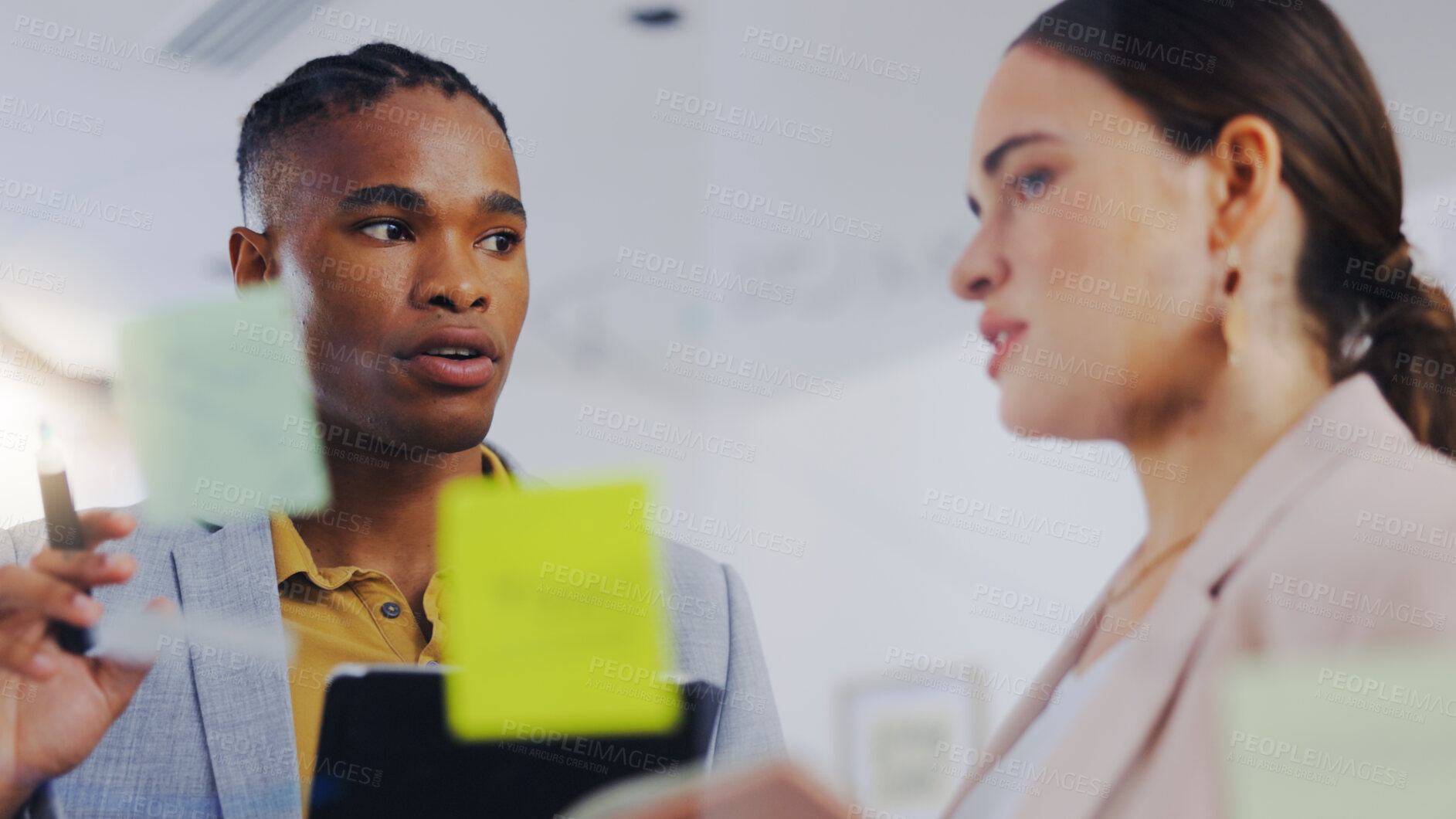 Buy stock photo Board, explain or diversity people collaboration, communication and teamwork on sales strategy. Sticky note, brainstorming team or business partner cooperation on research info, project ideas or plan