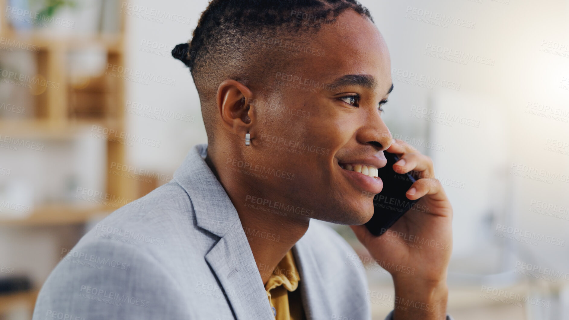 Buy stock photo Phone call conversation, office communication and black man speaking, discussion or on b2b negotiation with mobile contact. Chat, talking and male entrepreneur networking for startup business funding