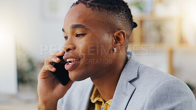 Buy stock photo Phone call, business communication and black man talking, discussion or on b2b conversation with investment contact. Chat, office consulting and male consultant networking for startup company funding