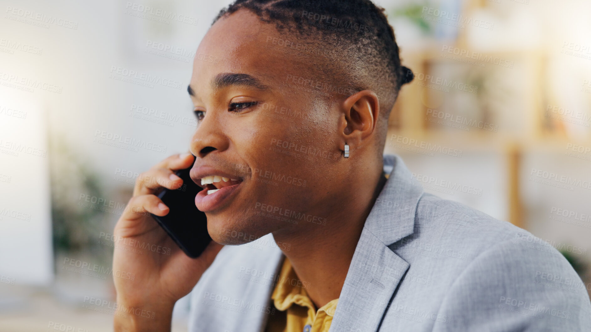 Buy stock photo Phone call, business communication and black man talking, discussion or on b2b conversation with investment contact. Chat, office consulting and male consultant networking for startup company funding
